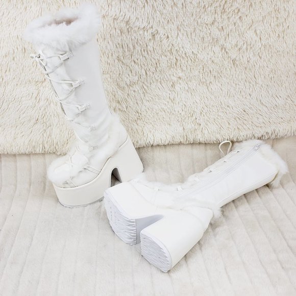 Camel 311 White furry goth punk Platform Knee Boot - Picture 8 of 11